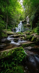 Obraz premium A stunning waterfall cascades down the lush green forest