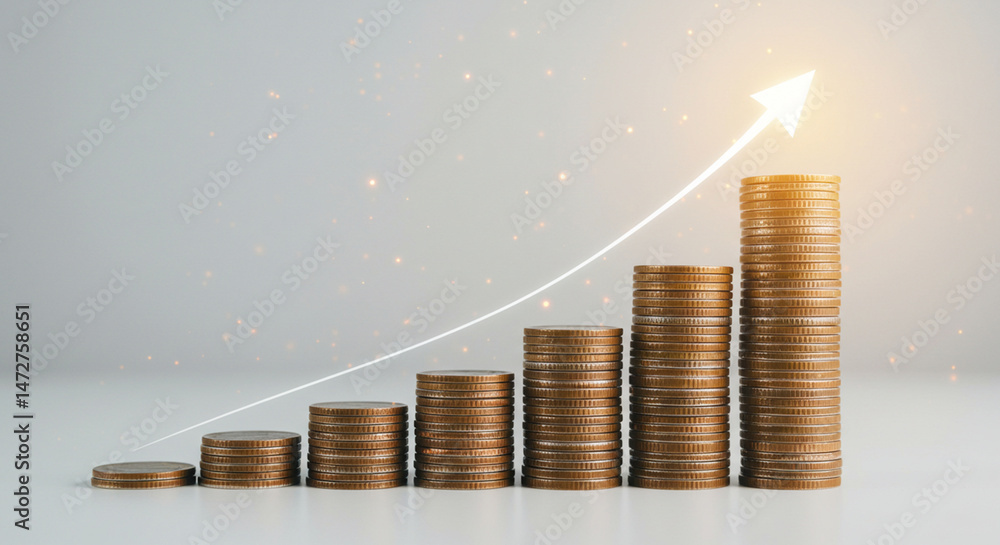 Poster stacks of coins arranged in ascending order with an upward trending arrow representing growth concep
