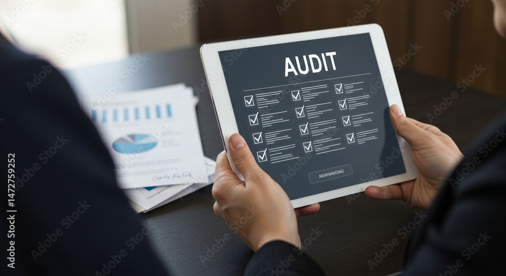 Poster person holding a tablet displaying an audit checklist with checks and another person nearby document