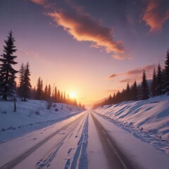 Serene snowy road ascends towards vibrant sunrise, Milky Way overhead ,  colorful,  epic,  adventure
