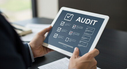 Man holding tablet displaying an audit checklist with checkmarks indicating completed items on the screen