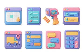 Retro business tools icons set – task, checklist, barcode, profile, delivery, chat, calculator. 3D icon set