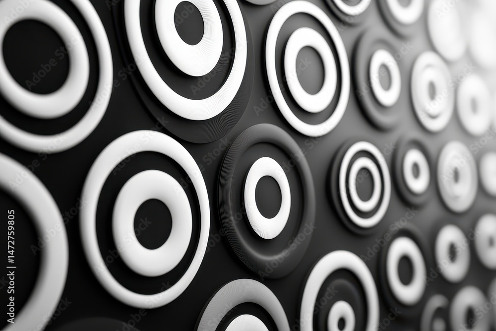 Poster black and white patterned circles create a striking visual display on the wall, emphasizing modern d