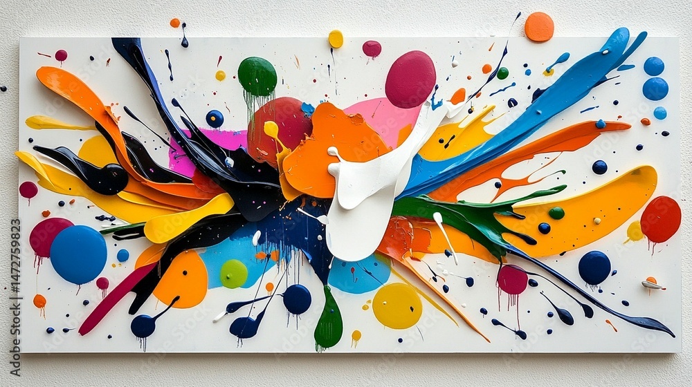 Poster vibrant abstract painting with splashes and drips of various colors on a white background. layered, 