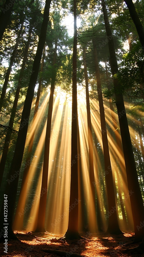 Poster sunlight pierces through the trees in a dense forest,creating light beams