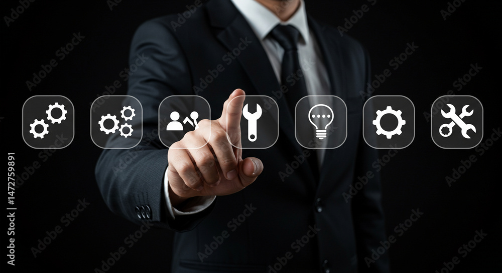 Poster a person in a suit interacting with digital icons representing settings tools and a lightbulb on bla