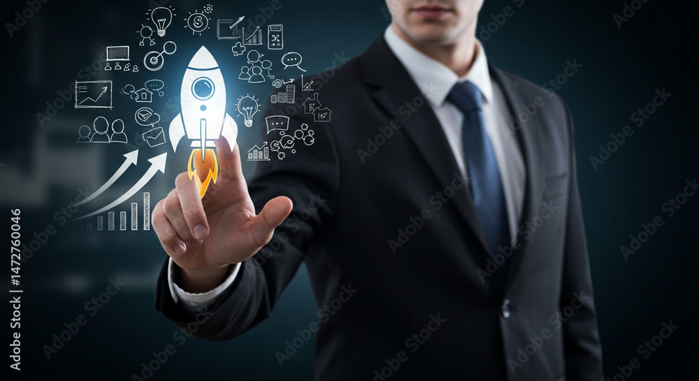 Poster a businessman in a suit touching a rocket ship with business icons floating around on a dark backgro