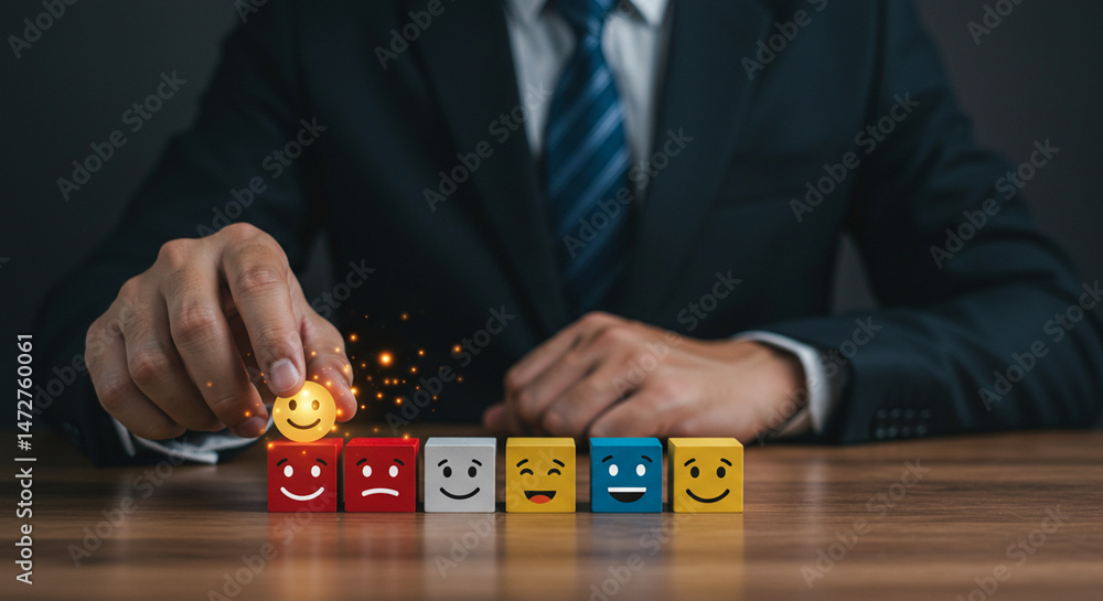 Poster a person in a suit places a happy face block on top of a row of emotion blocks on a wooden table