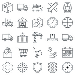 Logistics icons set, Included icons as Truck, Airplane, Hand Truck, Traffic Light and more symbols collection, logo isolated vector illustration