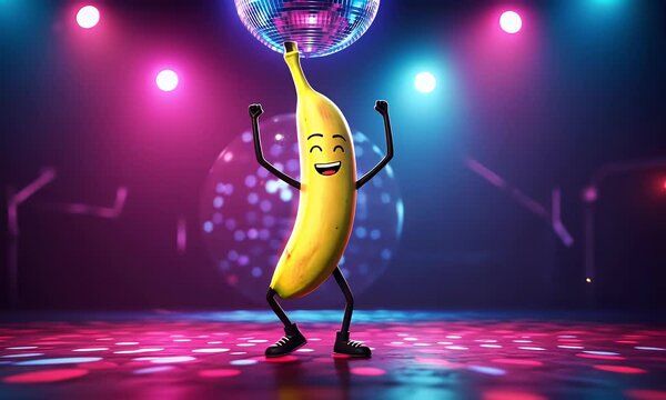 Animated Banana Dancing Under Disco Ball on Stage with Colorful Lights and Energetic Atmosphere