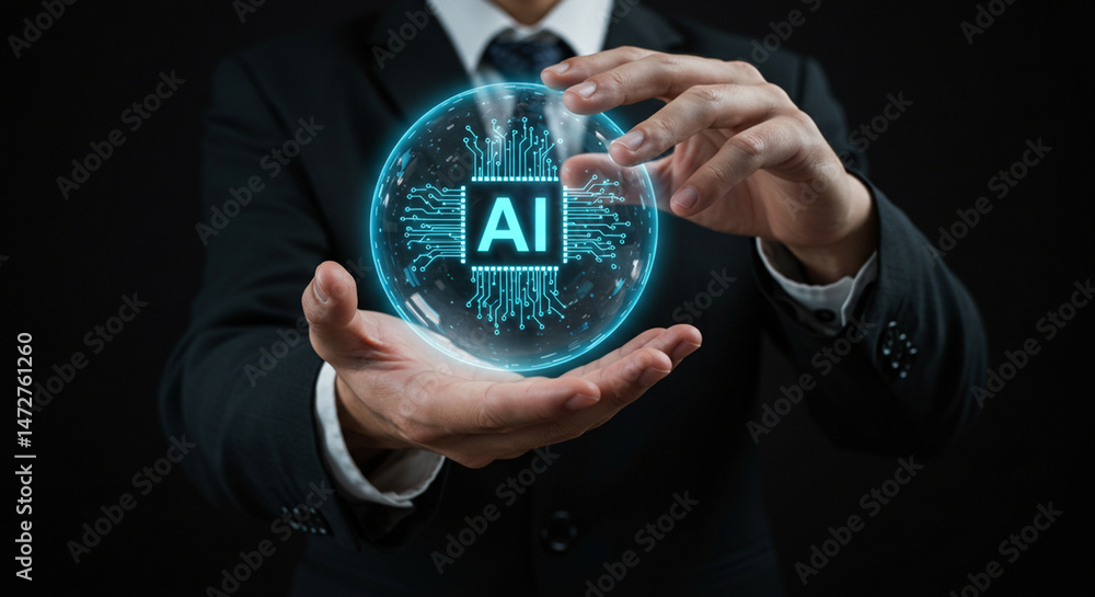 Poster man in suit holding glowing ai symbol in hands against a dark background in a business setting