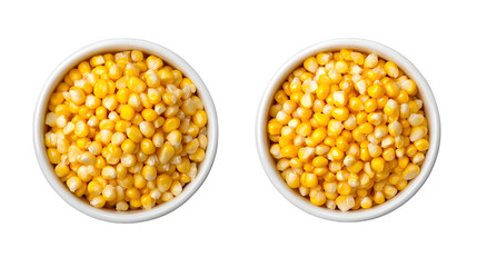 Corn in a white bowl, front and top view, isolated on a transparent background