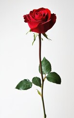 Red rose flower standing elegantly with green leaves against a plain background, symbolizing love and beauty in nature's perfect design