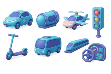 Naklejka premium Futuristic transport icons set – car, pod, helicopter, traffic light, scooter, bus, train, dash. 3D icon set