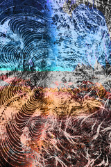 Dreamlike landscape combining painterly textures with a natural wetland scene. Hazy trees and reflected water are interwoven with digital brushstrokes in warm browns and cool blues, blending realism