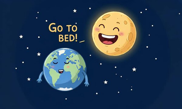 Animated Earth and Smiling Moon with Go To Bed Text in Dark Night Sky