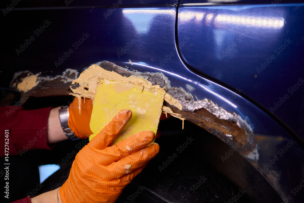 Poster the auto body repair process includes proper putty application techniques and effective methods