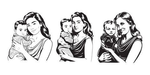 Mom and son, mother and son black silhouette