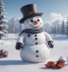 Fototapeta premium Frosty snowman, winter sports gear scattered around, snowy, isolated, equipment