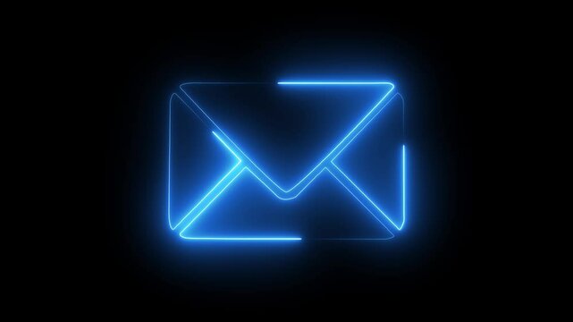 Glowing neon message box icon animation video notice receive massage animated sign symbol. Message mail box, 4k. Pulsing Neon Blue Message Box Animation: Glowing Mail Inbox Icon on black background.