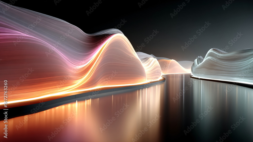 Poster abstract futuristic flowing ribbon with red and orange gradients reflecting on a metallic surface. c