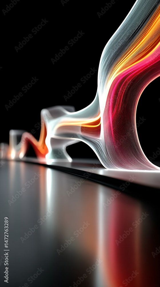 Poster abstract futuristic flowing ribbon with red and orange gradients reflecting on a metallic surface. c