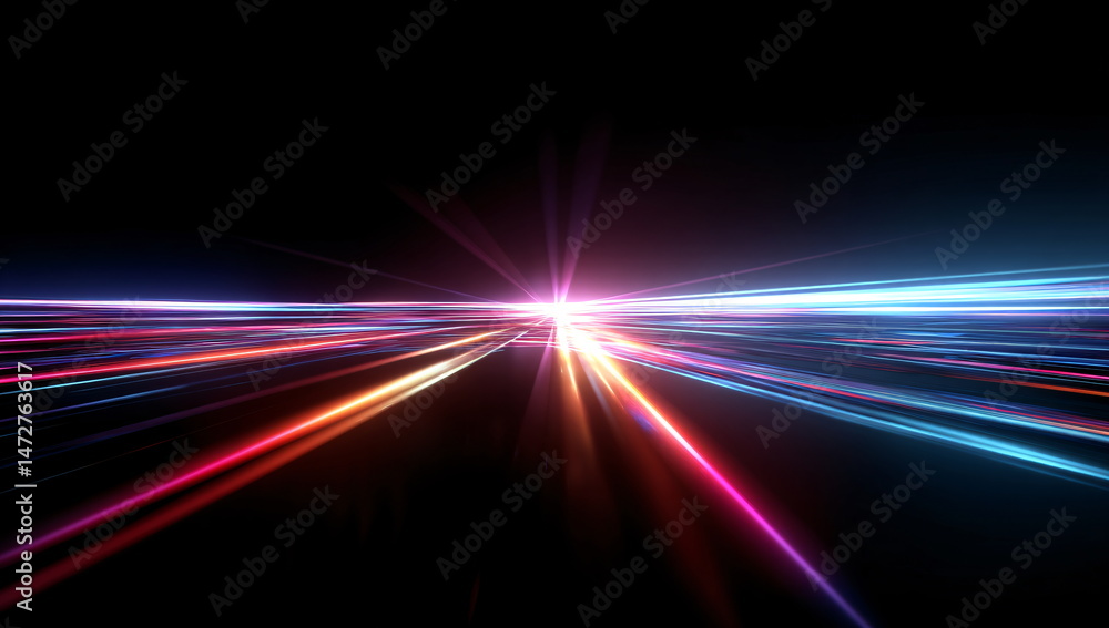 Poster colorful light trails representing data transmission or speed through cyberspace, abstract backgroun
