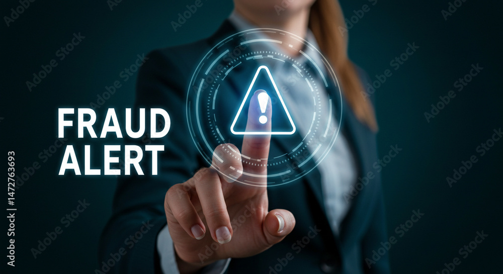 Poster woman in suit touching a digital screen with a fraud alert triangle and text fraud alert displayed n