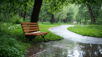 Wooden park bench in a puddle after rain, surrounded by lush greenery and a path