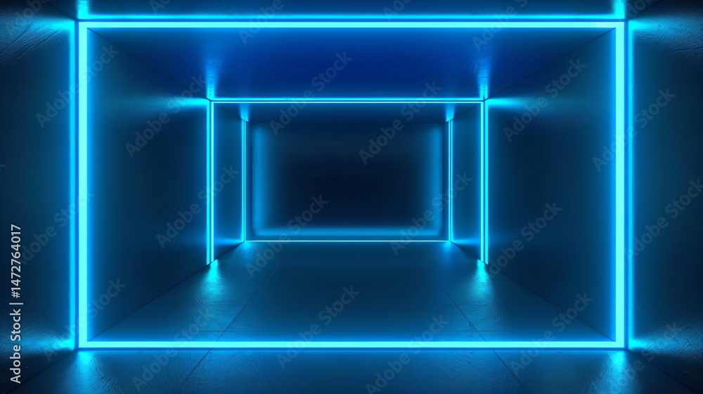 Poster blue abstract tunnel with glowing rectangular neon lights. futuristic concept tunnel abstract templa