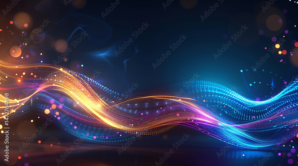 Poster abstract glowing wave background with flowing particle effect displaying data stream for technology 