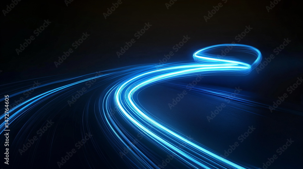 Poster dynamic blue energy light trail on dark background. abstract speed and motion concept for technology