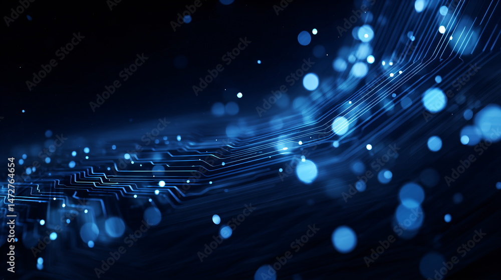 Poster blue bokeh lights and glowing particles trail on abstract circuit board background. digital technolo