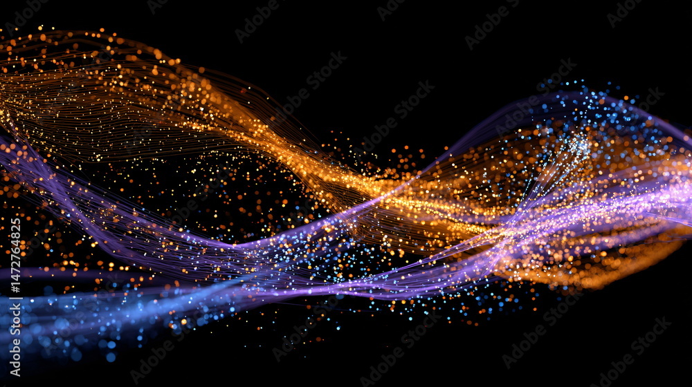 Poster abstract wavy line of glowing light trails. digital particle flow, visualization of energy. modern t