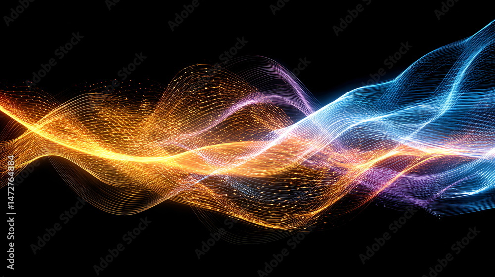 Poster abstract wavy line of glowing light trails. digital particle flow, visualization of energy. modern t