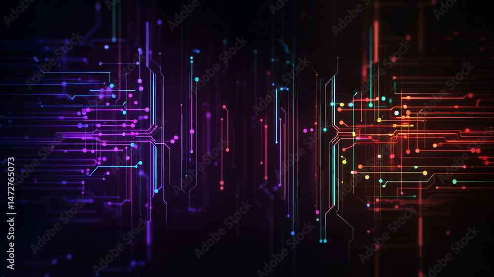 Poster colorful abstract lines and dots on a black background representing digital technology and data flow
