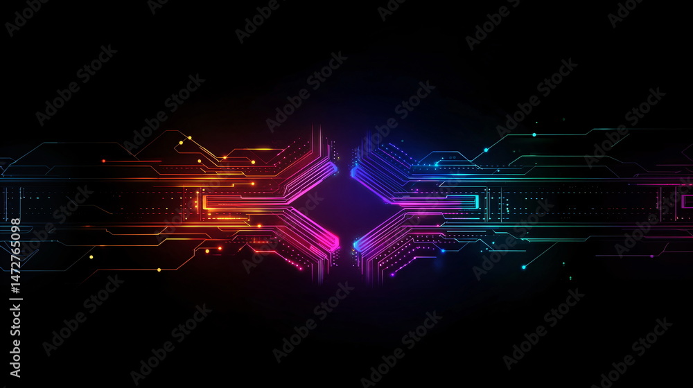 Poster colorful abstract lines and dots on a black background representing digital technology and data flow