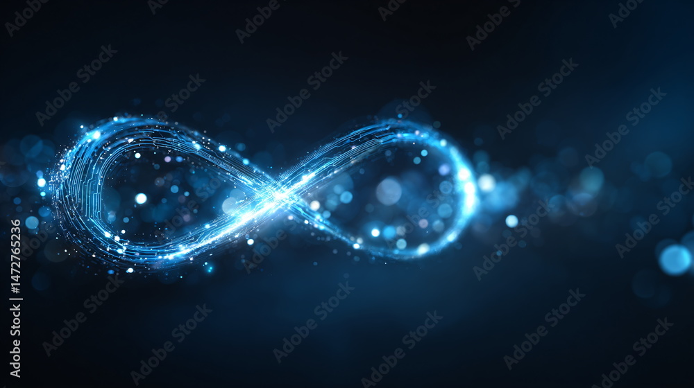 Poster glowing blue circuit board forming an infinity symbol on a black background. abstract digital techno
