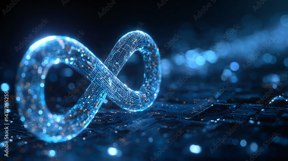 Poster glowing blue circuit board forming an infinity symbol on a black background. abstract digital techno