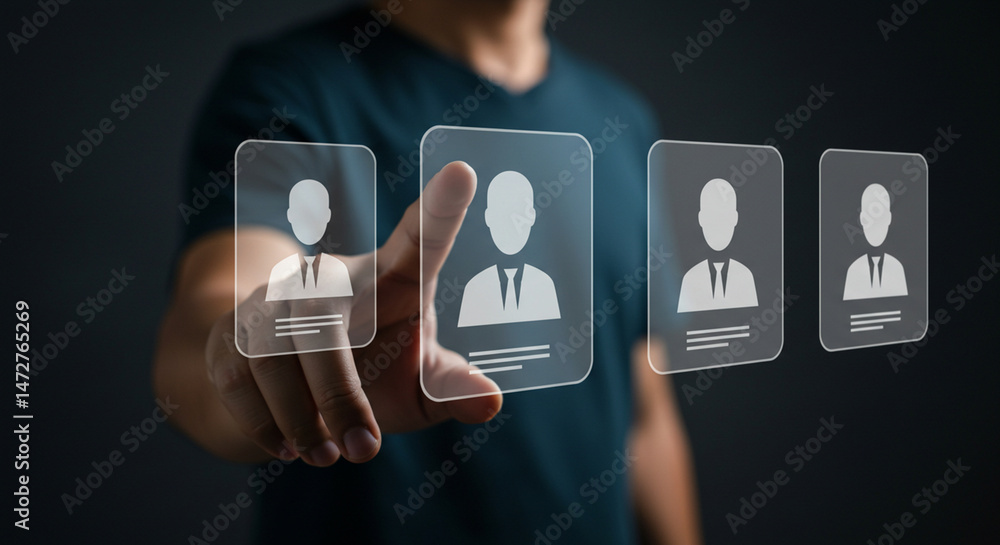 Poster a person selecting a candidate from digital profiles on a screen with a dark background and blue shi