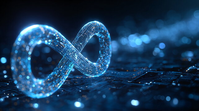 Glowing blue circuit board forming an infinity symbol on a black background. Abstract digital technology loop concept for data connection and website template.
