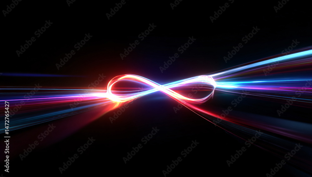Poster abstract infinity sign background with blue and red light paths. the concept of infinite space, time