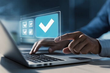 Hand interacting with digital blue checkmark icon on floating interface above laptop keyboard
