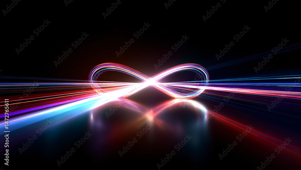 Poster abstract infinity sign background with blue and red light paths. the concept of infinite space, time