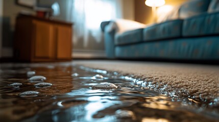 Water damage to a carpeted floor in a living room