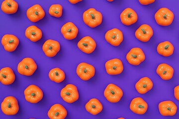 Obraz premium Pumpkin pattern with multiple small orange pumpkins arranged on purple background. Autumn harvest seasonal decoration concept for festive occasions and design projects.