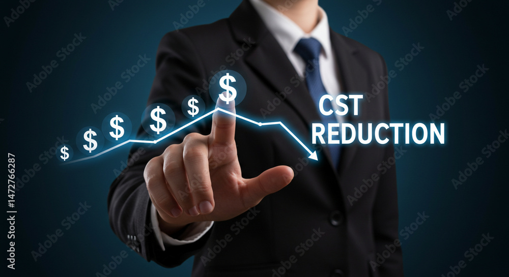 Poster a man in a suit pointing at a graph with dollar signs and the words cost reduction on a blue backgro