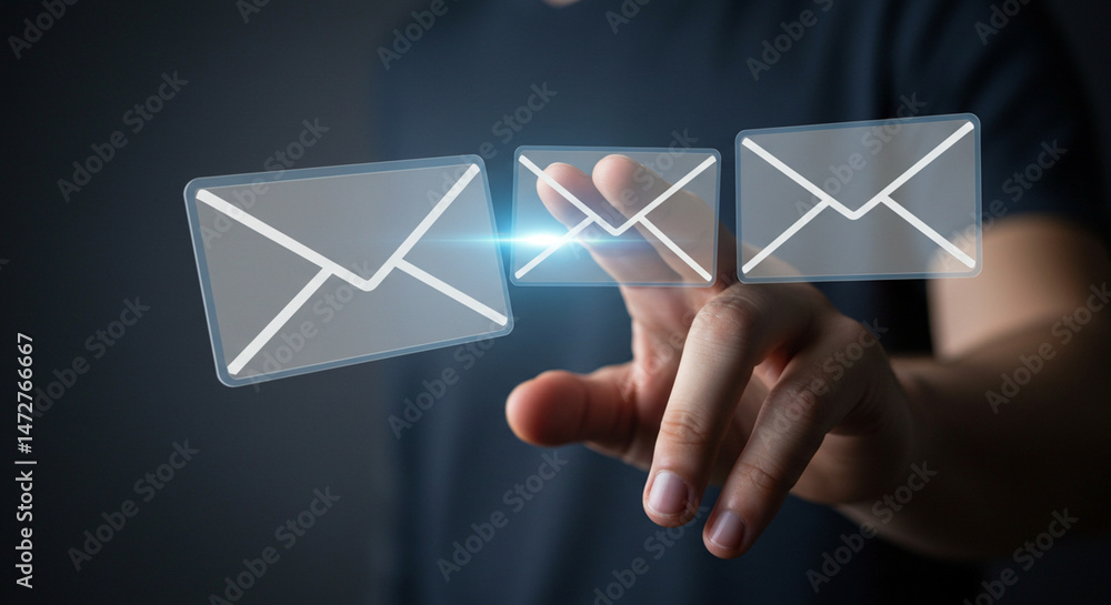 Poster a person touching three email icons with a bright light between them on a dark background in a close