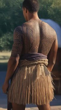 Back view of Polynesian man with intricate tattoos and grass skirt, traditional attire, showcasing cultural heritage and artistry under natural sunlight