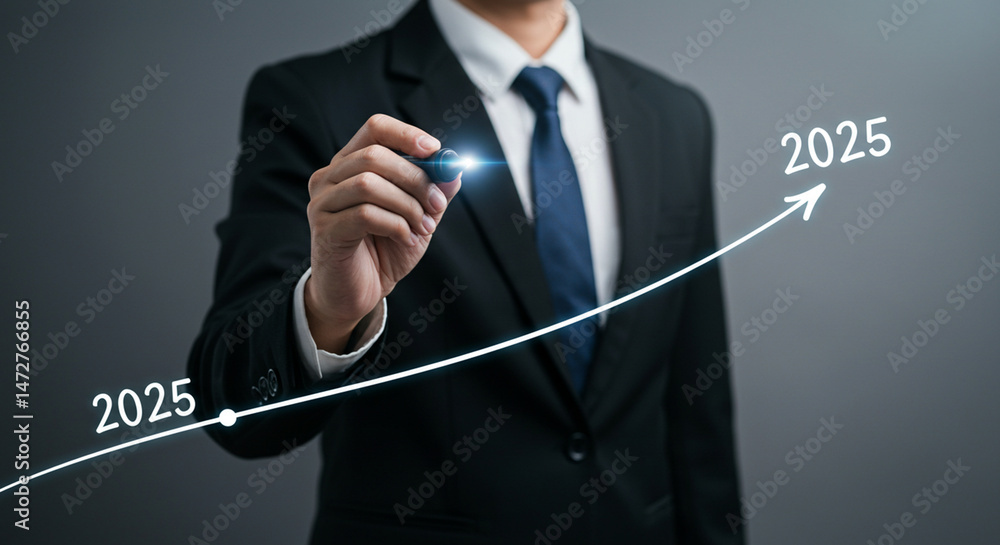 Poster a businessman drawing an upward trending graph with the year projected to be twenty twenty five on g